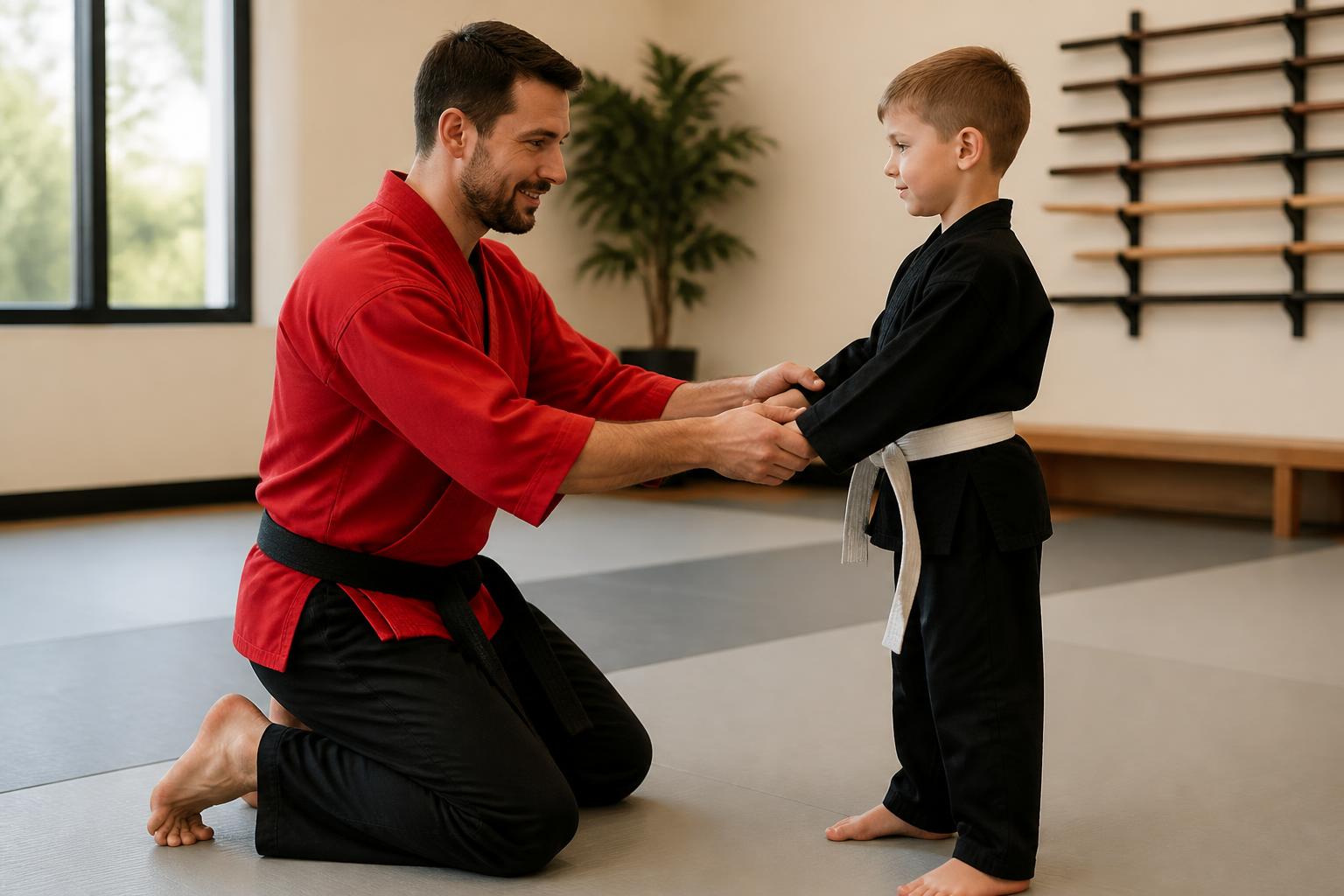 An instructor guiding a young student at Choe's Black Belt Academy